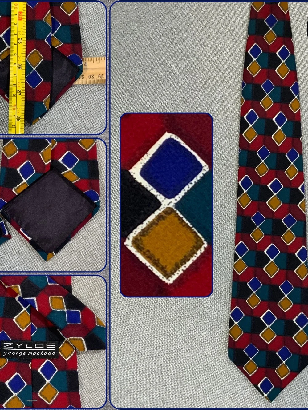 Zylos George Machado Silk Tie Geometric Diamond Burgundy Teal Gold